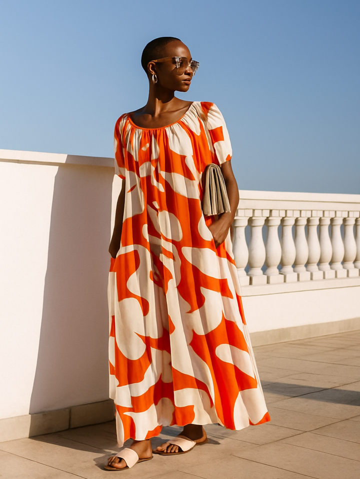 Puff Sleeve Scoop Neck Button Through Linen Midaxi Dress - White/Red