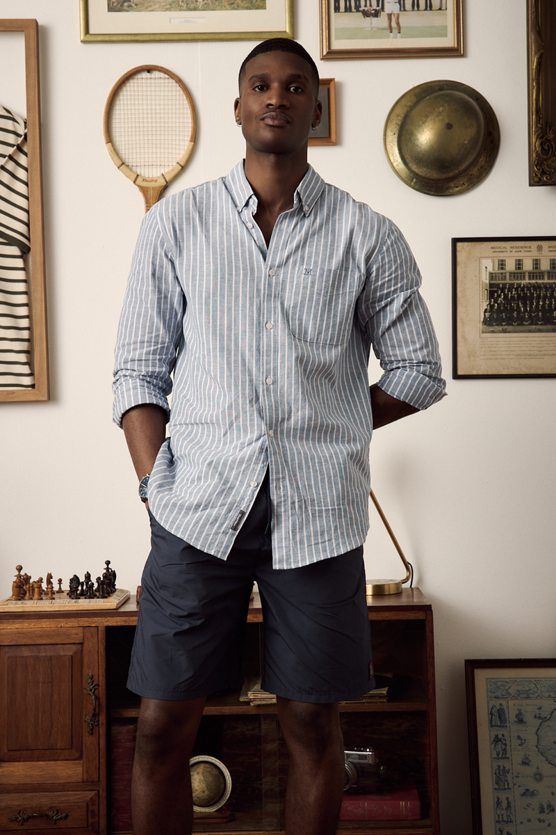 Long Sleeve Stripe Linen Shirt - Blue