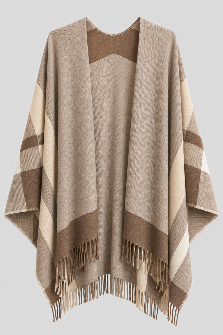 Colour Block Tassel Cape - Tan