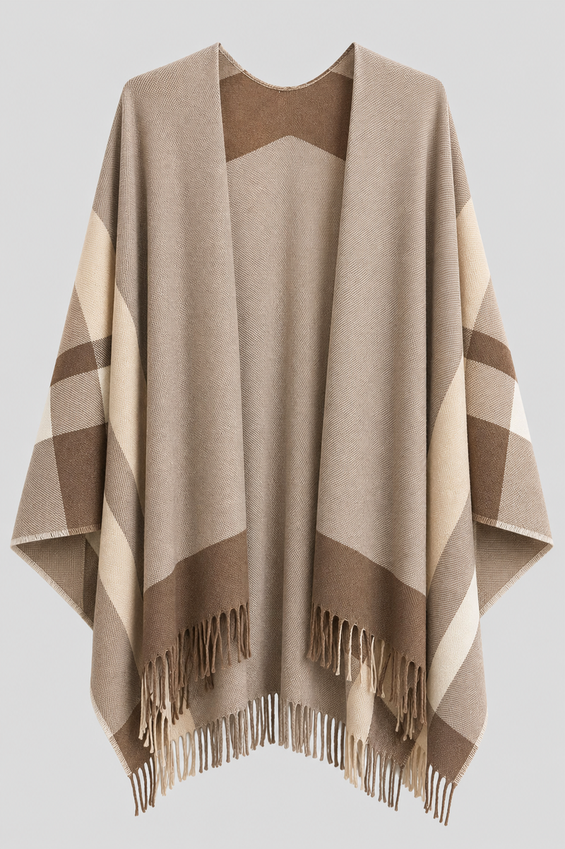 Colour Block Tassel Cape - Tan