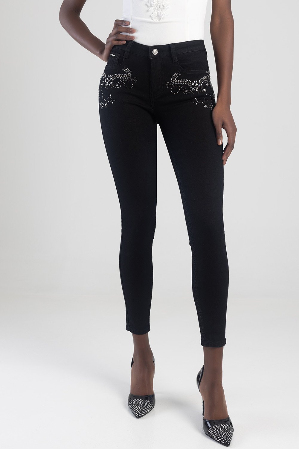 Jon Jon Low Waist Skinny Jean With Bling - Black