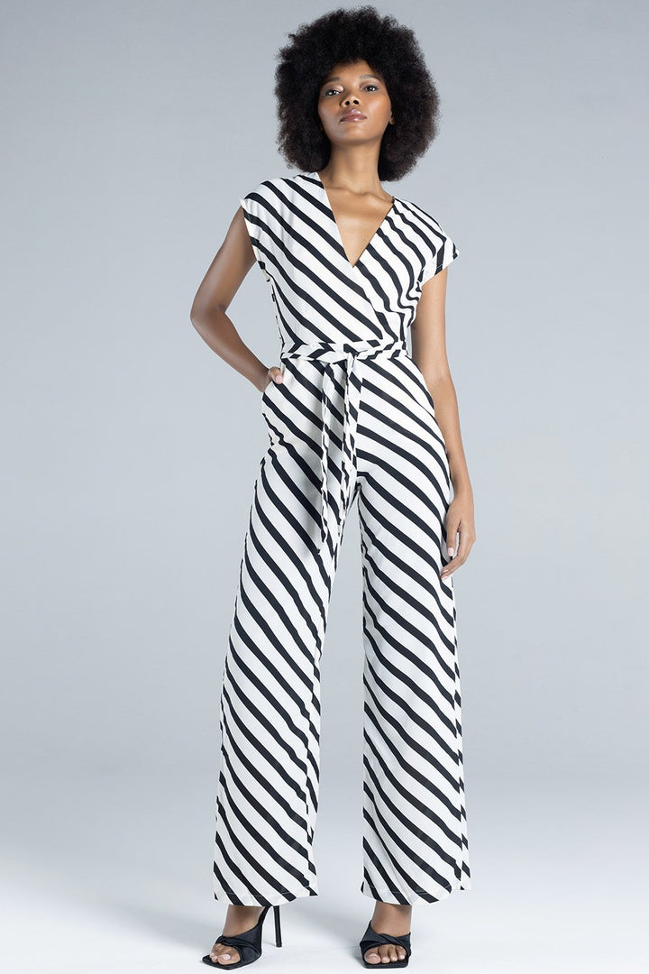 Ladies Diagonal Striped Jumpsuit - Black/White