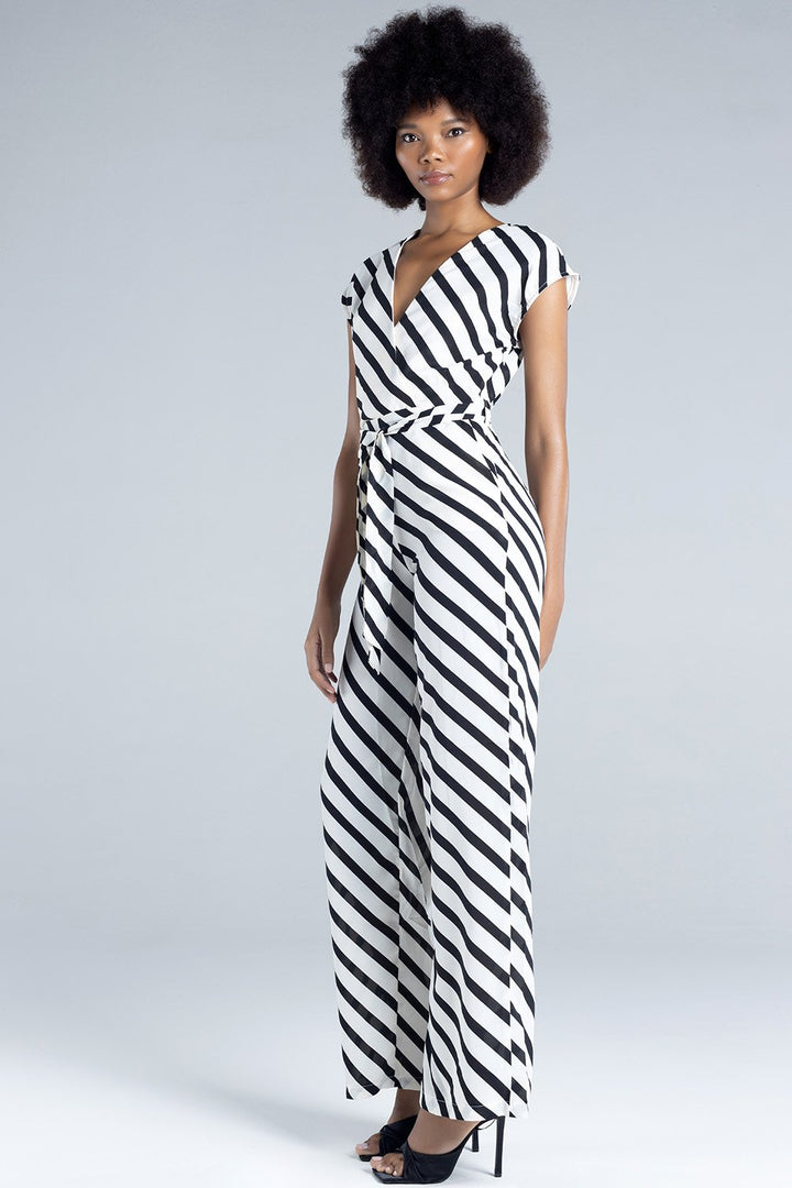 Ladies Diagonal Striped Jumpsuit - Black/White