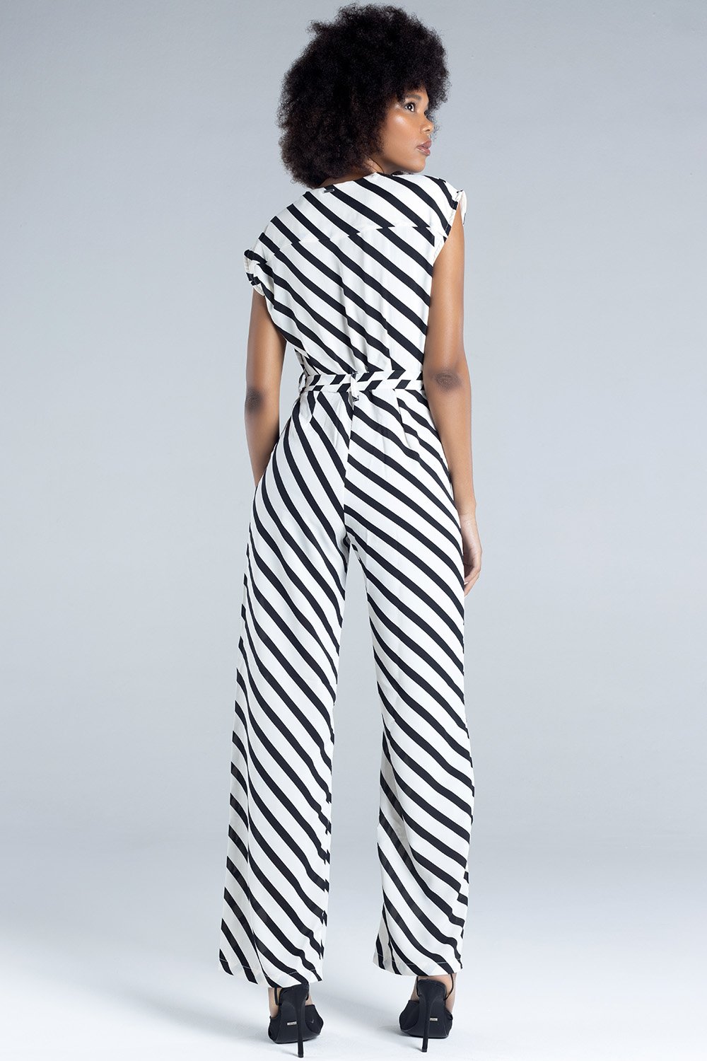 Ladies Diagonal Striped Jumpsuit - Black/White