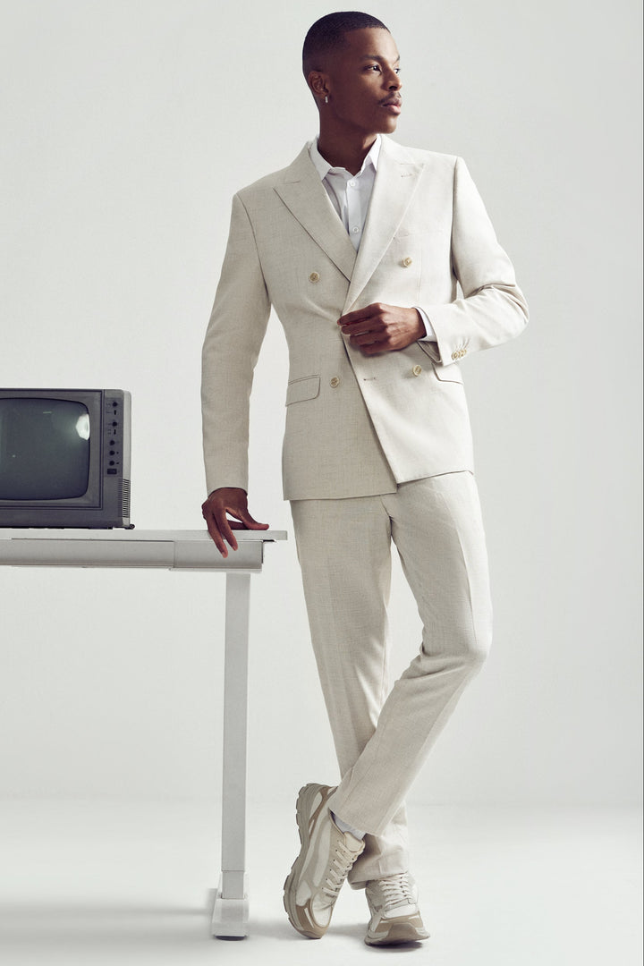 Glen Check Double Breasted Blazer - Cream