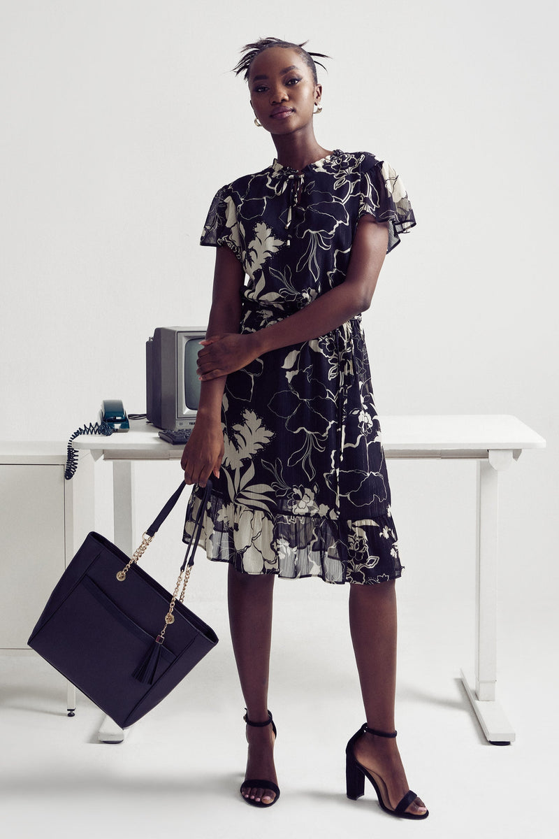 Tie Up Frill Neck Tea Dress - Black/Cream