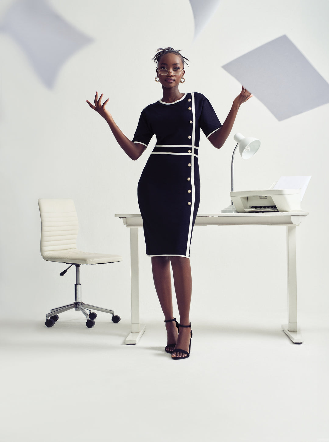 Side Button Through Constrast Dress - Black/Cream