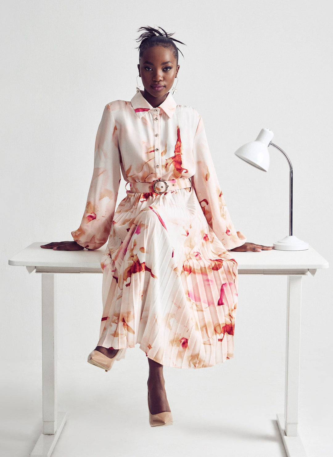 Belted Pleated Shirt Maxi Dress - Cream