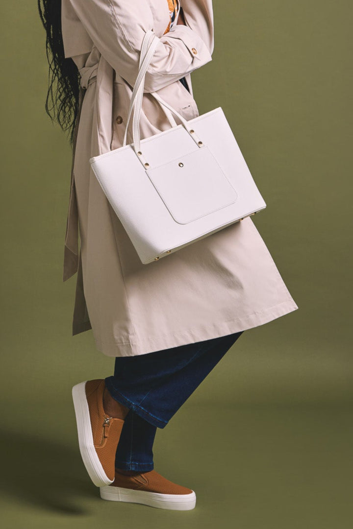 Front Pocket Gold Trim Shopper - White