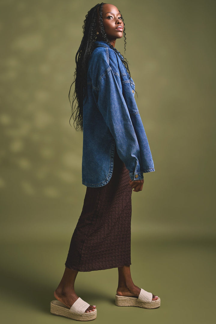 Curved Hem Denim Shacket - Dark Wash Ink