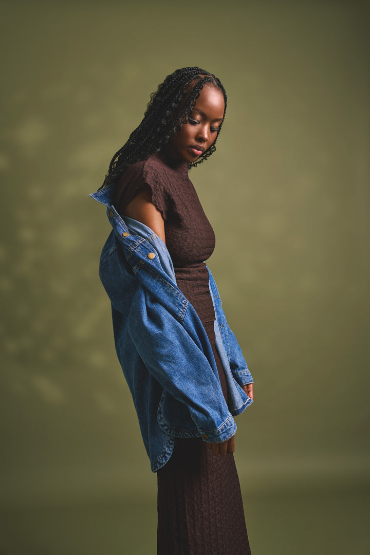 Curved Hem Denim Shacket - Dark Wash Ink