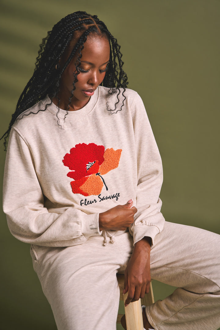 Flower Loop Embroidered Pullover - Oatmeal Melange