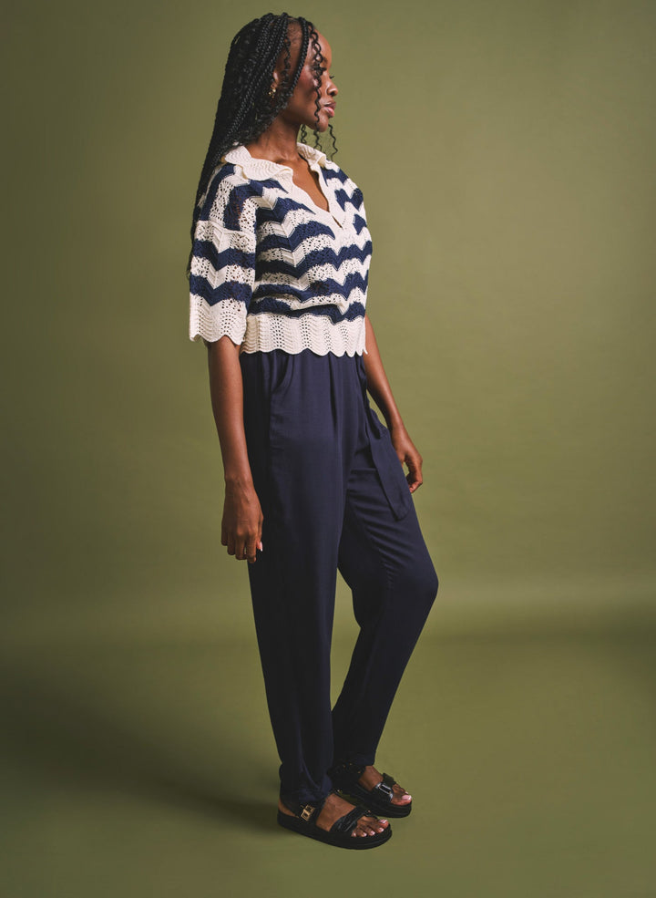 Pointelle Collar Chevron Top - Cream/Navy