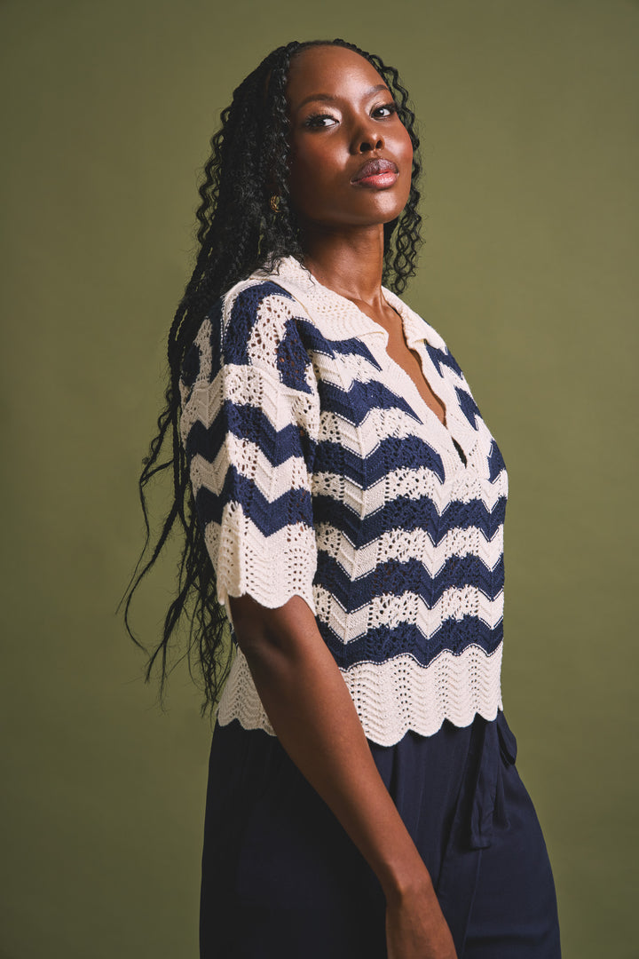 Pointelle Collar Chevron Top - Cream/Navy