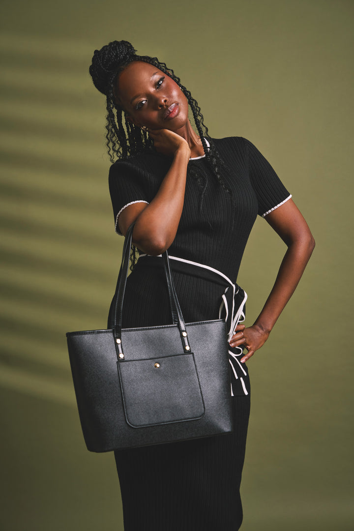 Front Pocket Gold Trim Shopper - Black