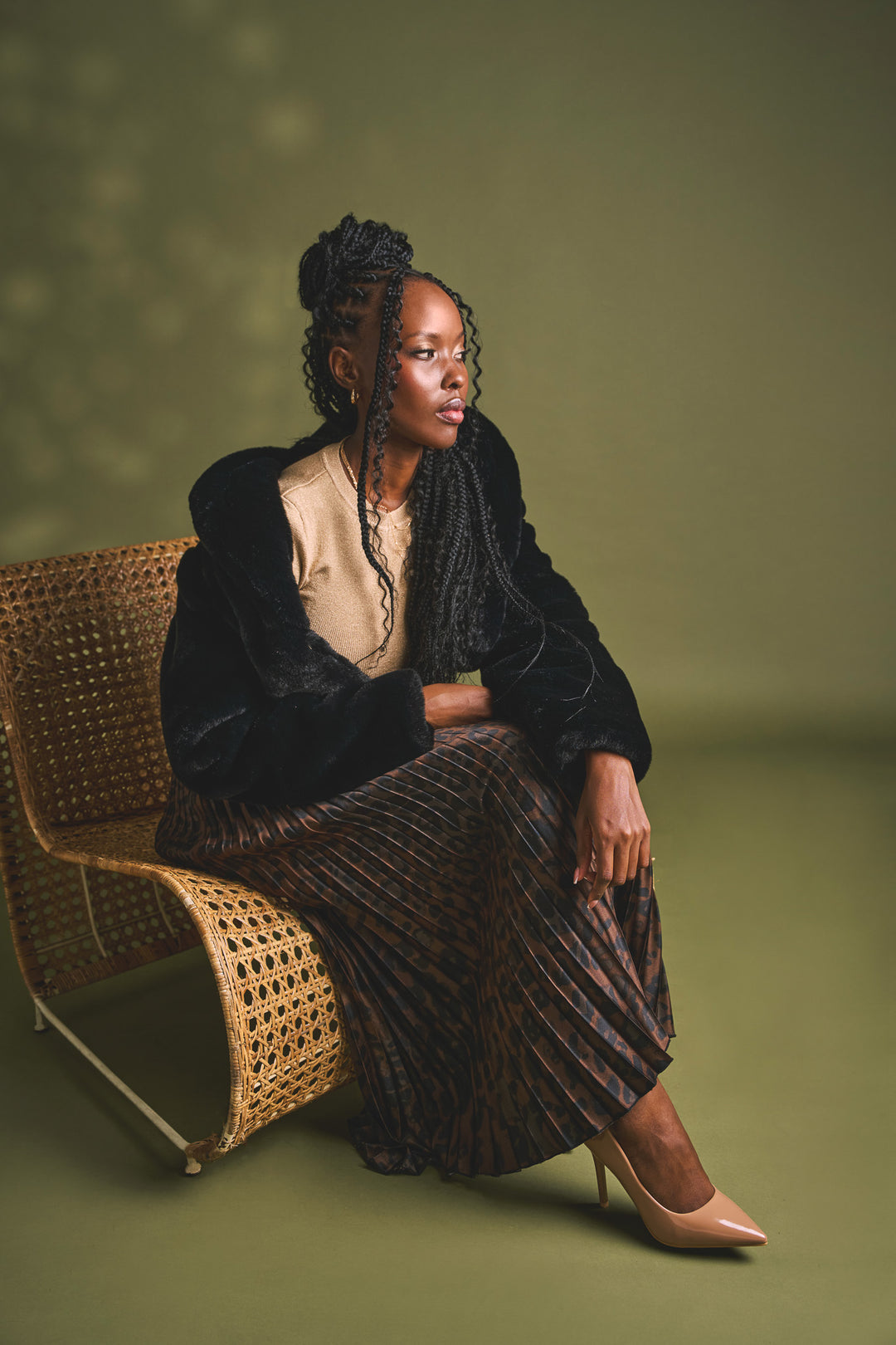 Shawl Collar Fur Coat - Black