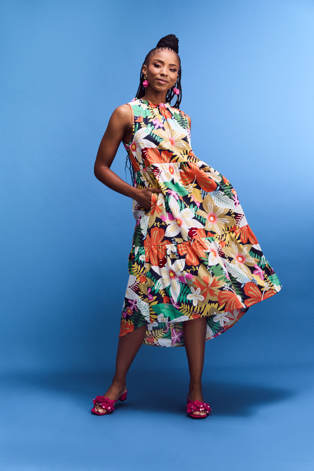 Sleeveless Frill Neck Tiered Hi-Lo Flared Maxi Dress