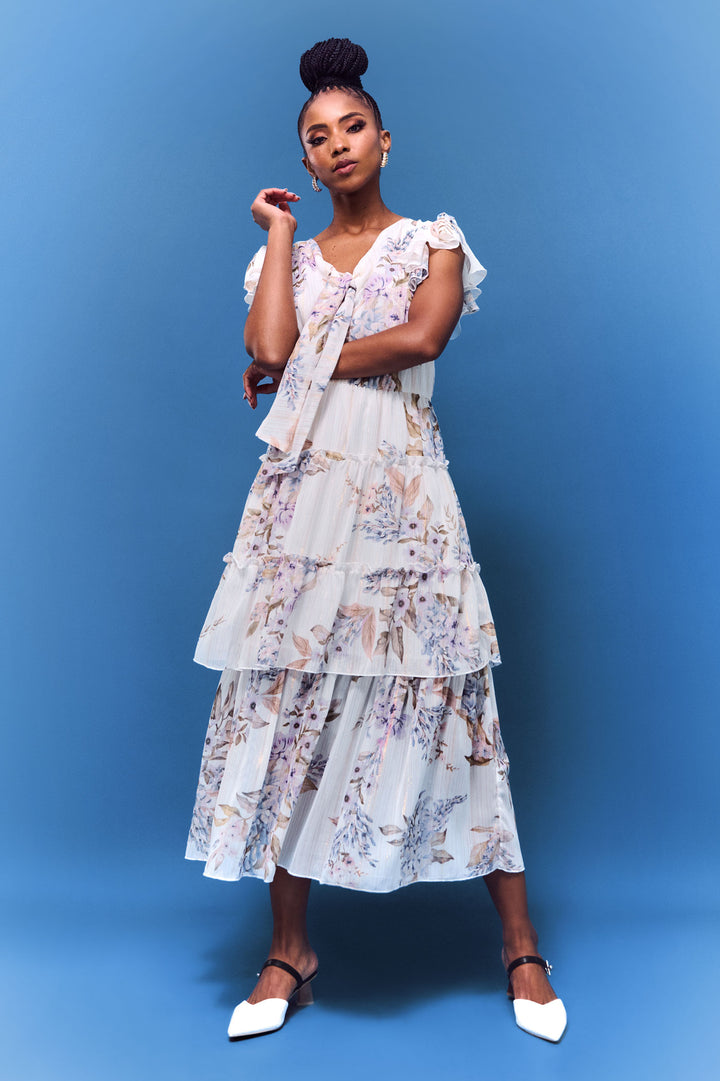 Tie Front Flutter Sleeve Maxi Dress-White/Blue