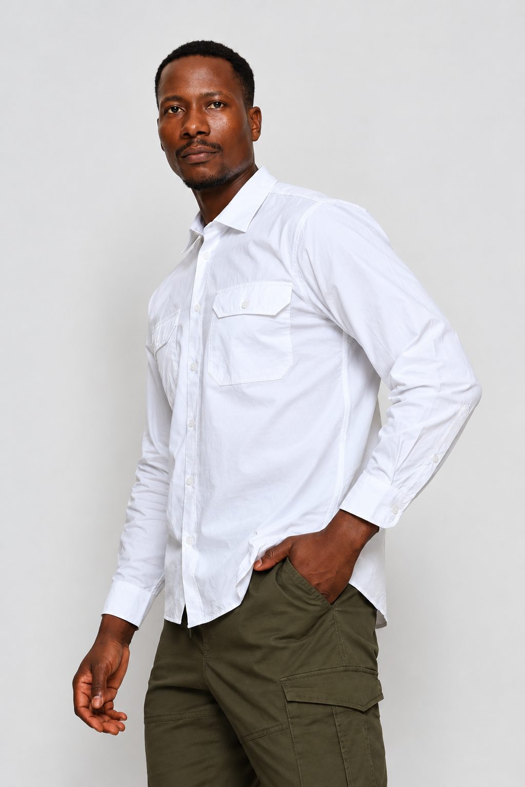 Long Sleeve Flap Pocket Shirt - White