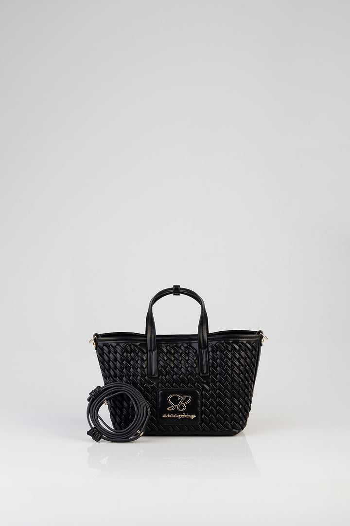 Textured Mini Woven Tote Bag - Black