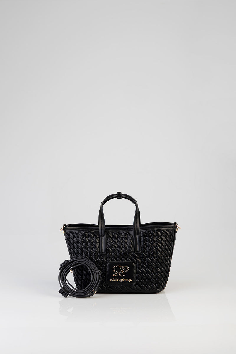 Textured Mini Woven Tote Bag - Black