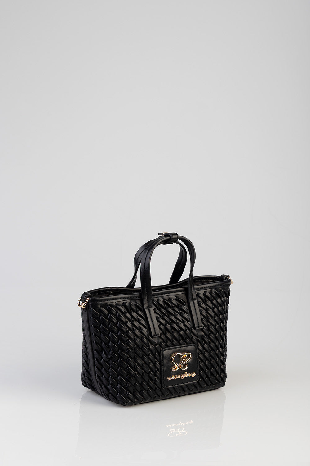 Textured Mini Woven Tote Bag - Black