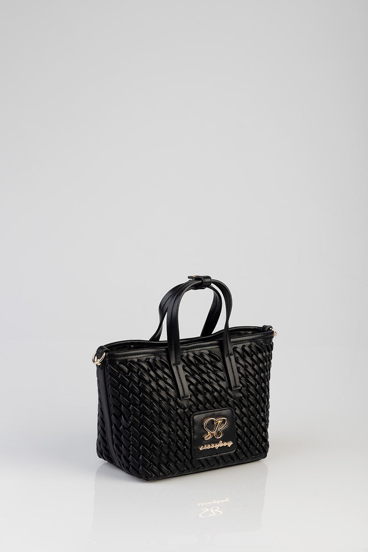Textured Mini Woven Tote Bag - Black