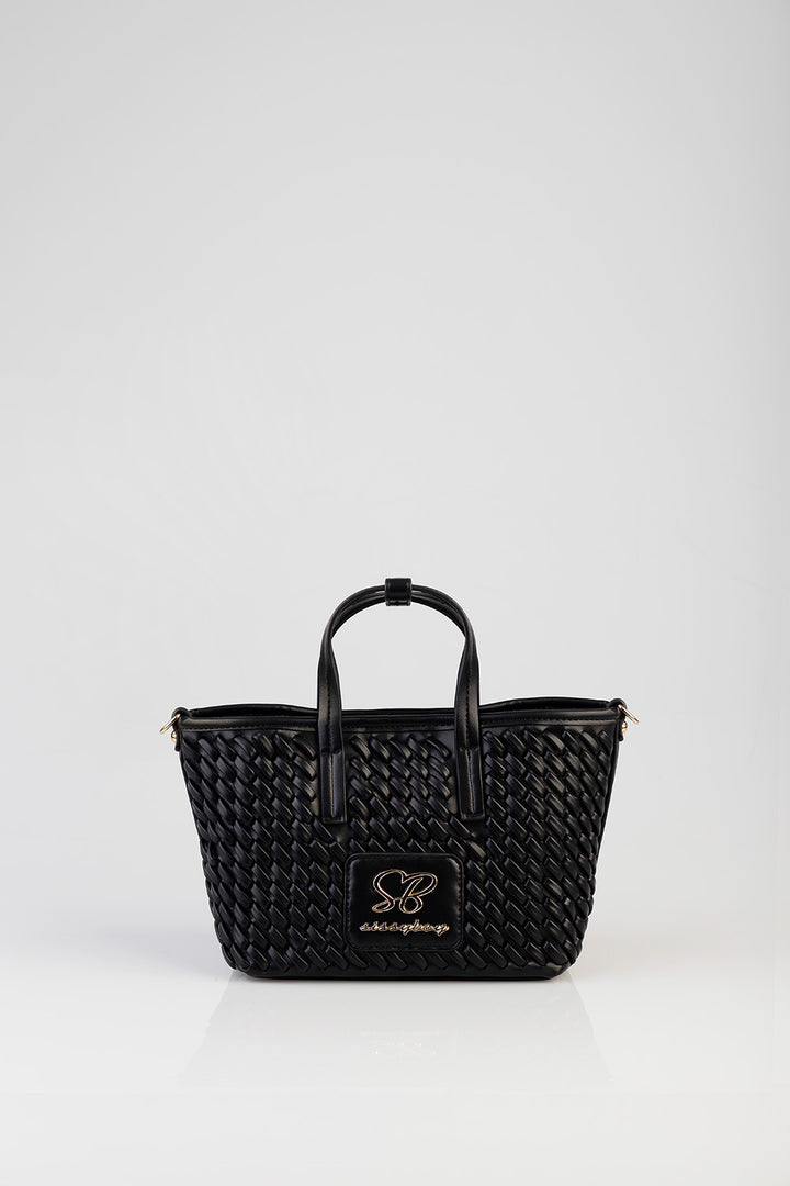 Textured Mini Woven Tote Bag - Black