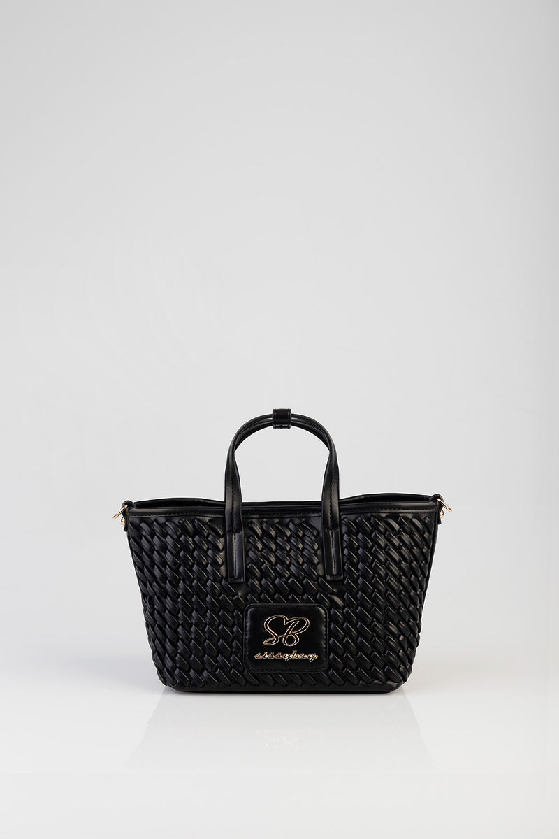 Textured Mini Woven Tote Bag - Black