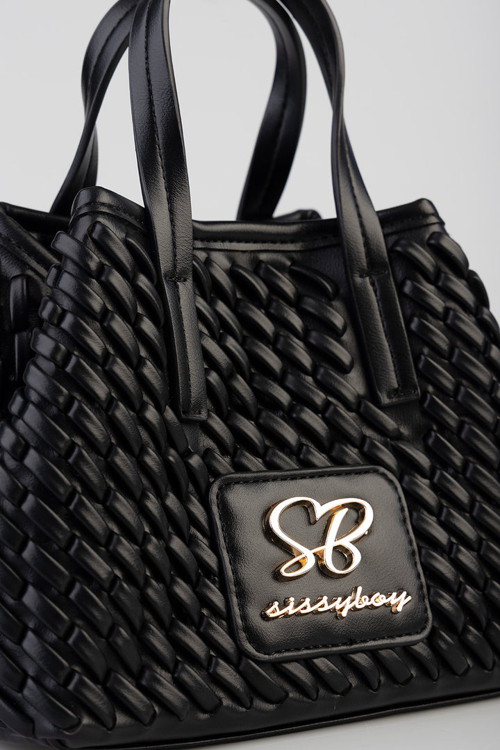 Textured Mini Woven Tote Bag - Black