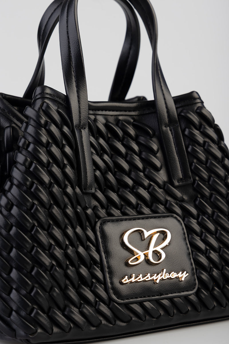 Textured Mini Woven Tote Bag - Black