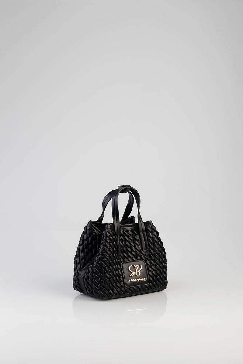 Textured Mini Woven Tote Bag - Black