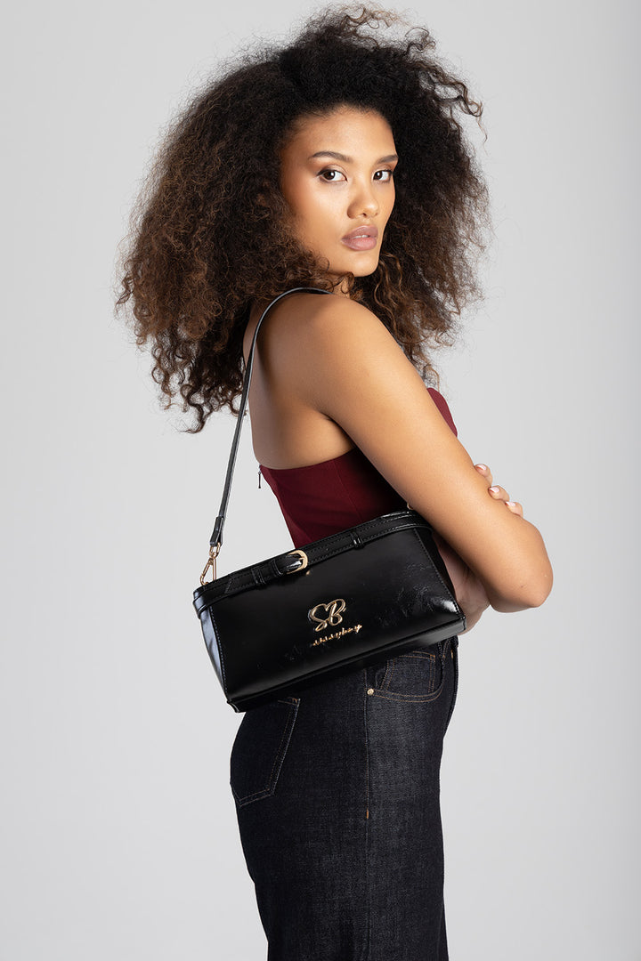 Structured Shoulder Bag With Gold Trim - Black
