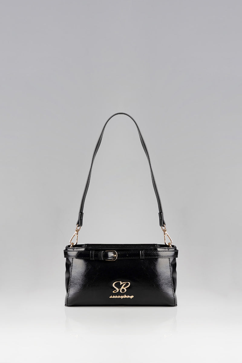 Structured Shoulder Bag With Gold Trim - Black
