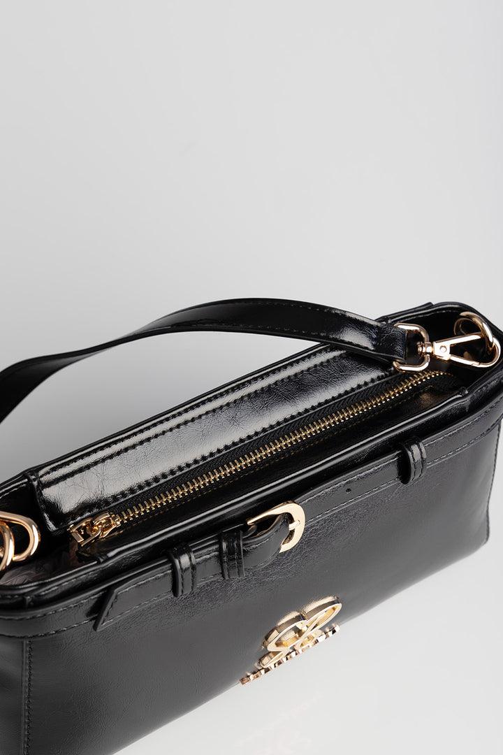 Structured Shoulder Bag With Gold Trim - Black