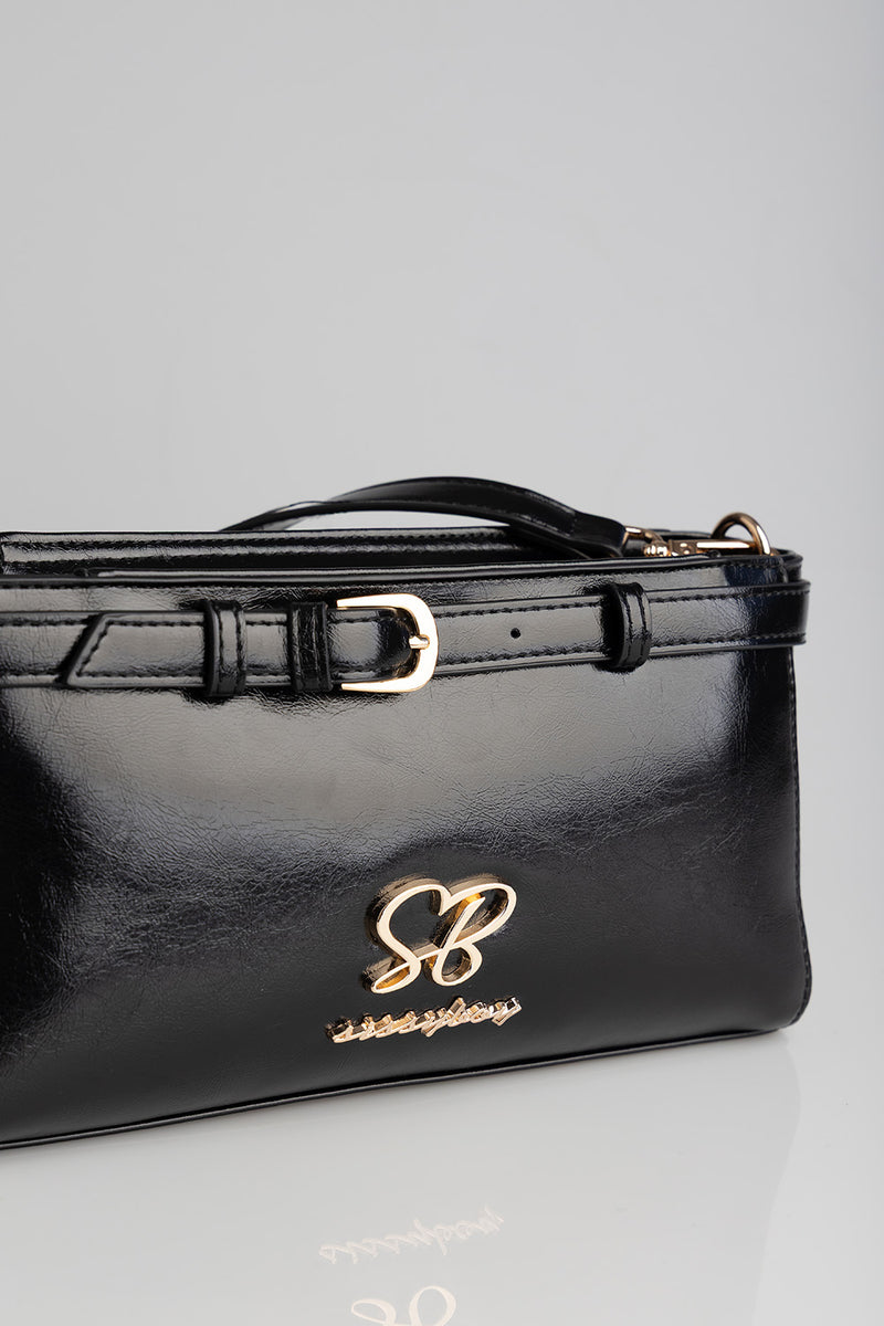 Structured Shoulder Bag With Gold Trim - Black