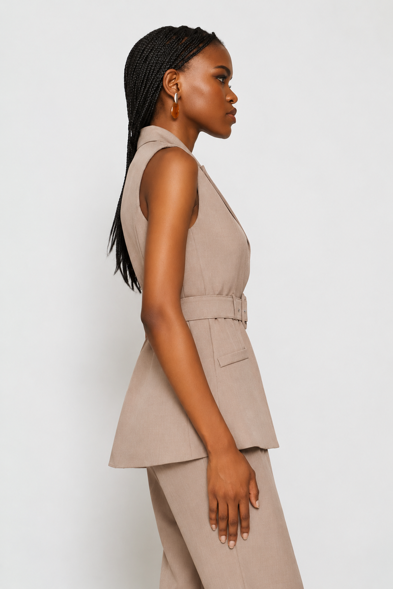 Belted Sleeveless Melange Blazer - Taupe