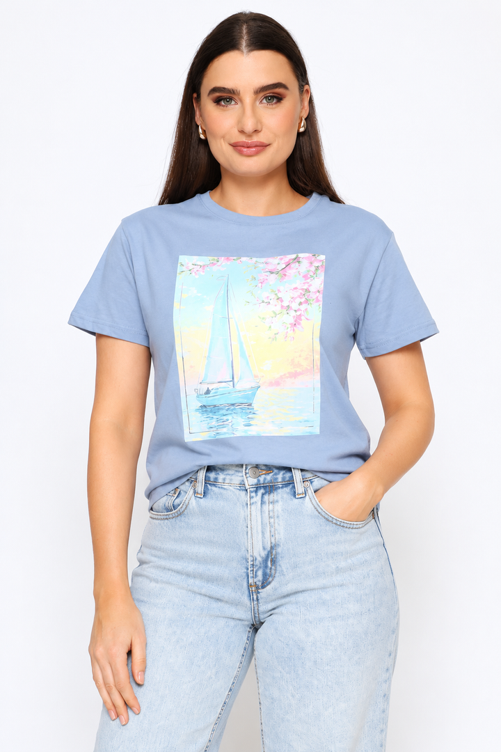 Watercolour Sailboat Tee - Denim