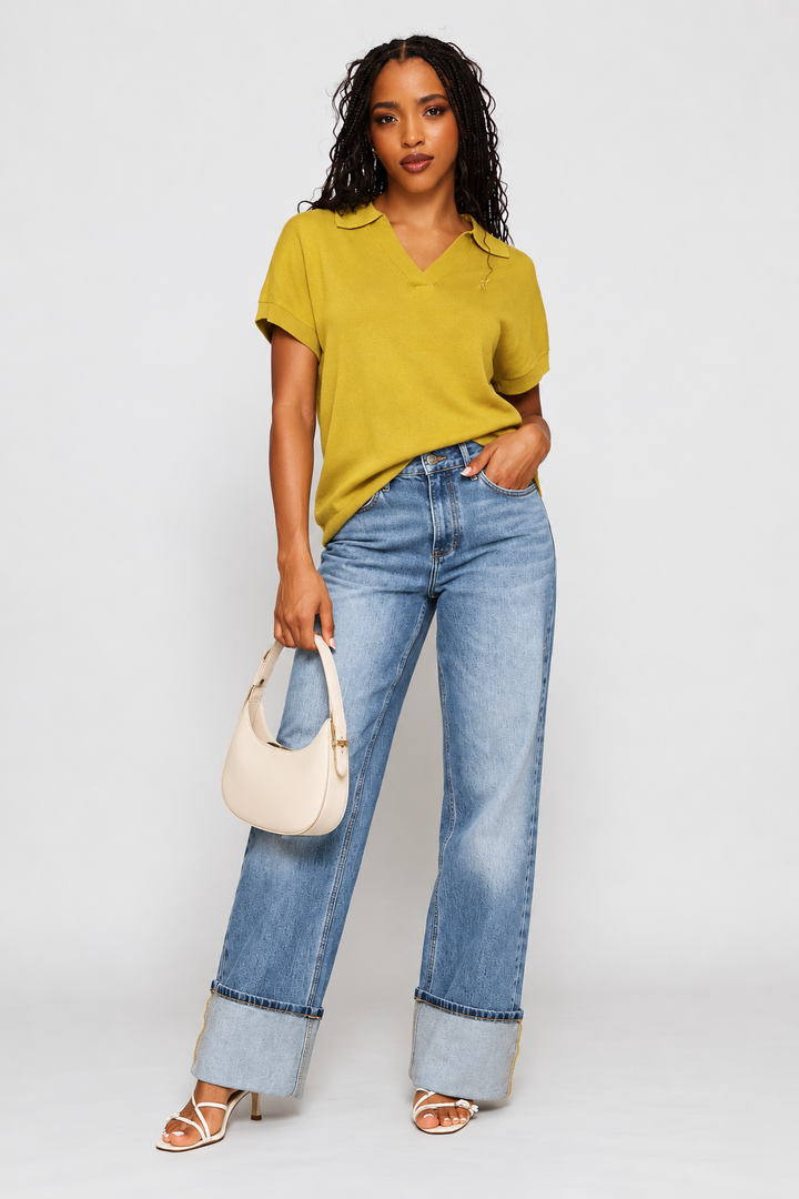 Mira Johnny Collar Knit Top - Yellow