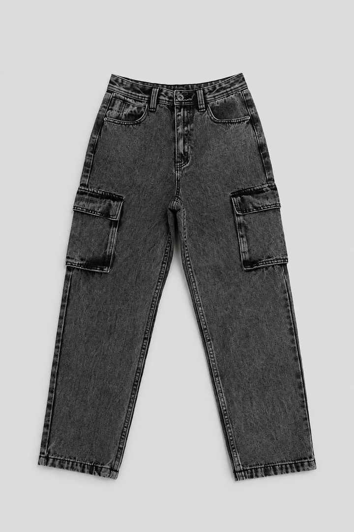Boys Acid Wash Baggy Cargo Denim - Grey