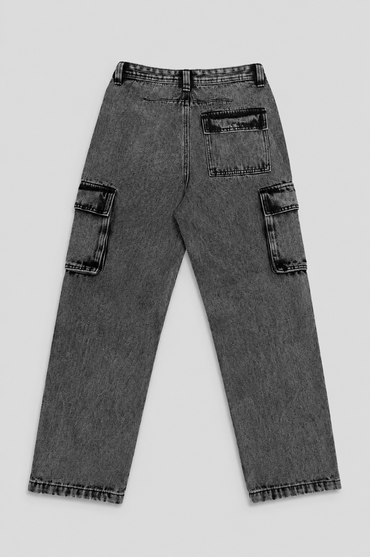 Boys Acid Wash Baggy Cargo Denim - Grey