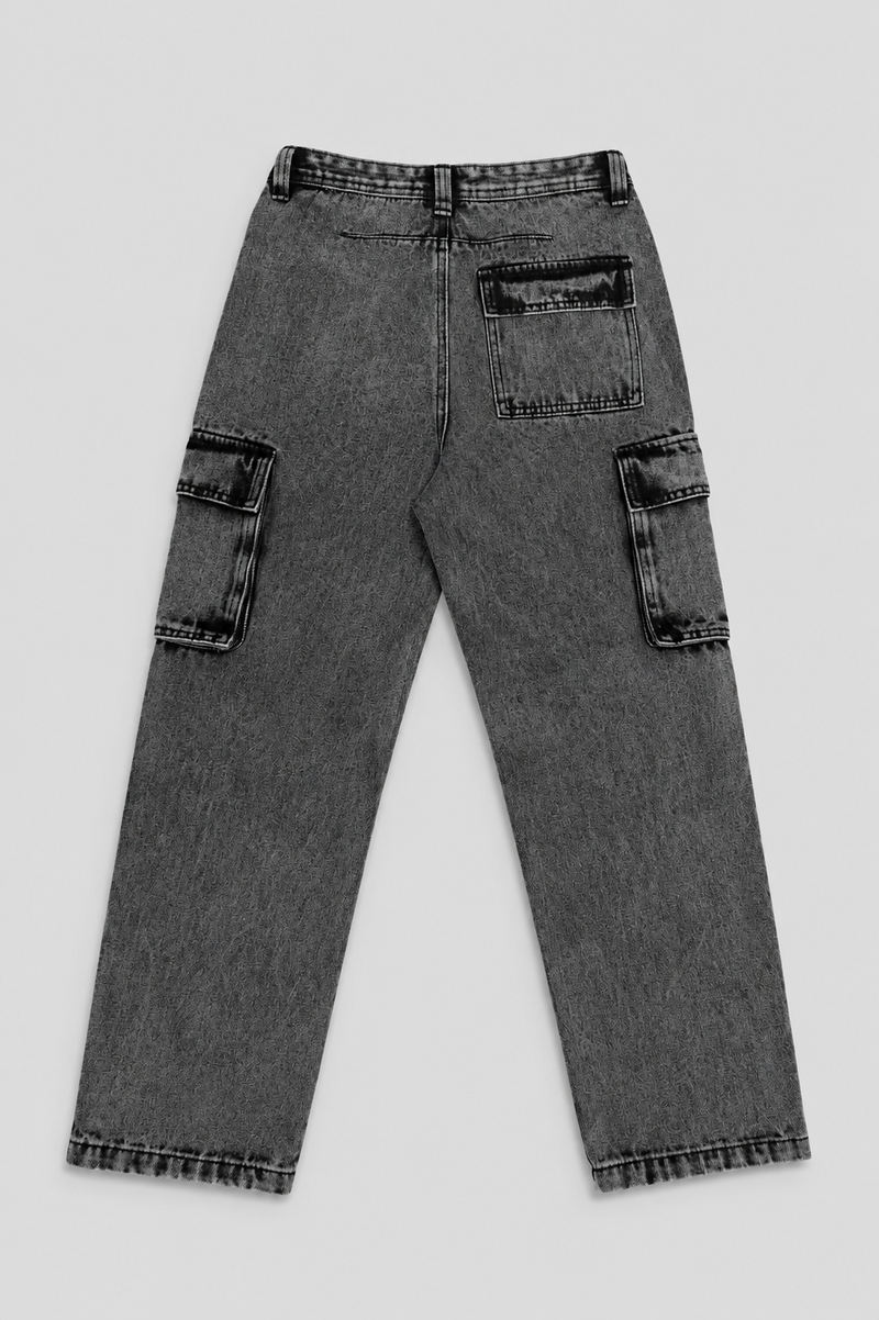 Boys Acid Wash Baggy Cargo Denim - Grey