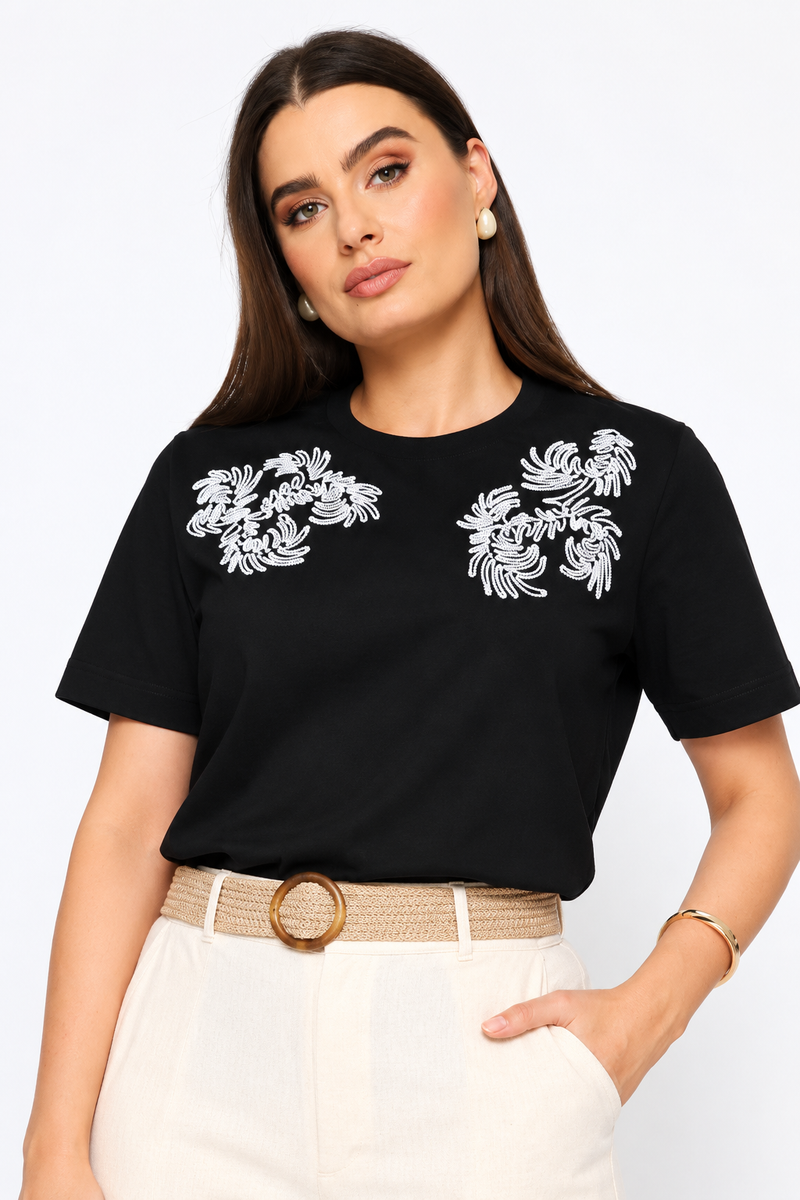 Cornelli Shoulder Detail Tee - Black
