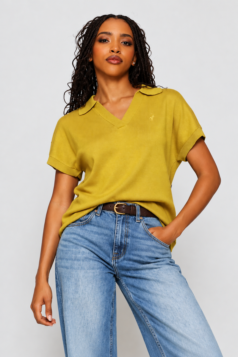 Mira Johnny Collar Knit Top - Yellow