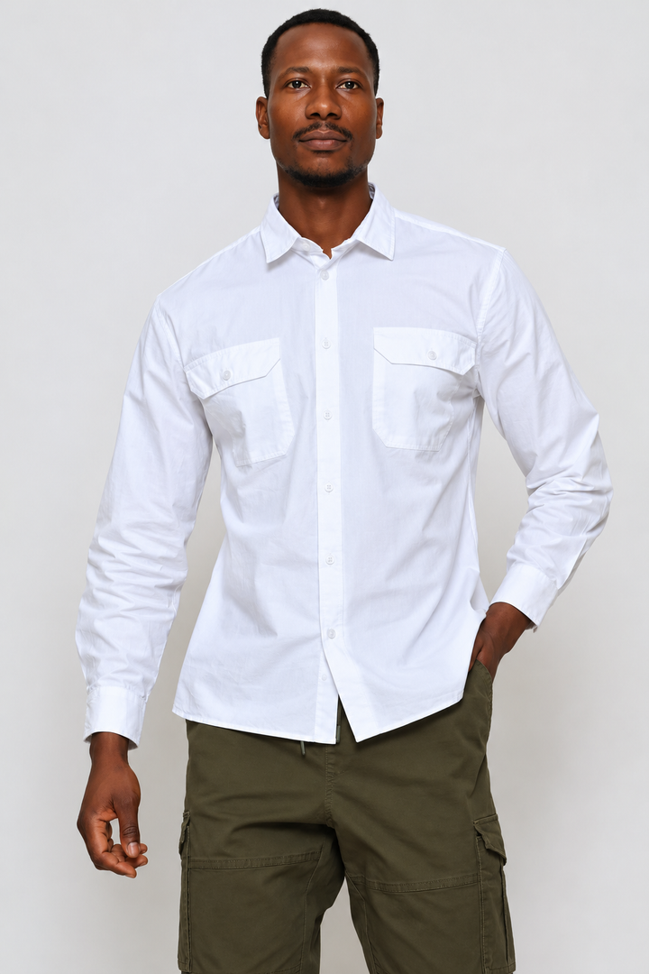Long Sleeve Flap Pocket Shirt - White
