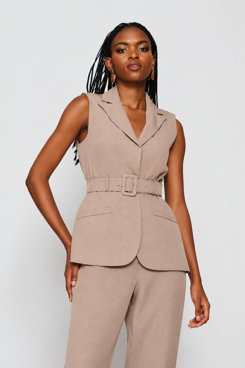 Belted Sleeveless Melange Blazer - Taupe