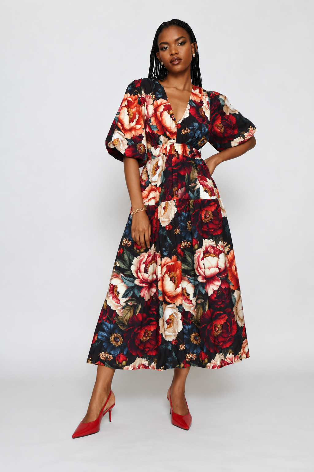 Bubble Sleeve V-Neck Tiered Midi Dress - Multi
