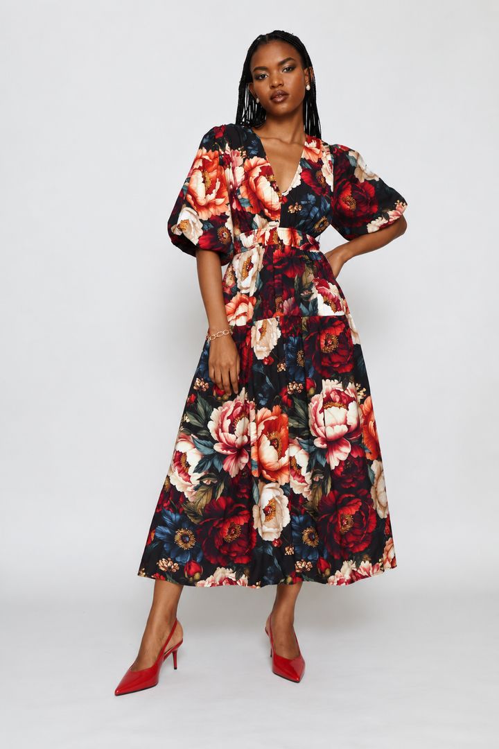 Bubble Sleeve V-Neck Tiered Midi Dress - Multi