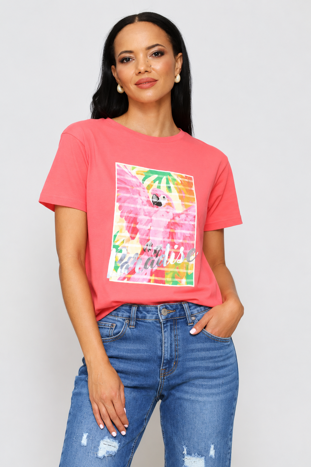 Paradise Parrot Foil Tee - Coral Pink