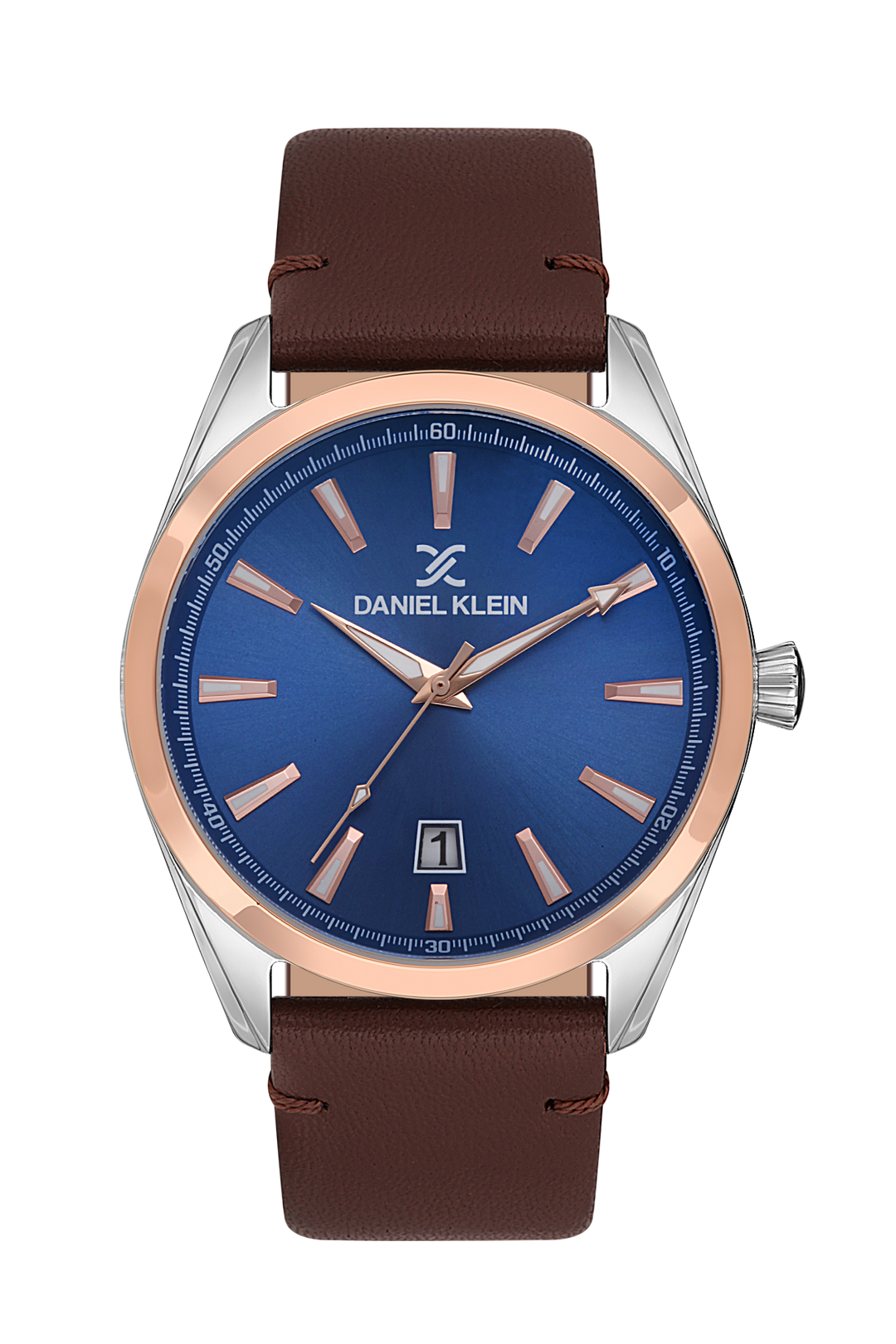 Rose Gold Case & Blue Dial Watch With Brown Leather Strap